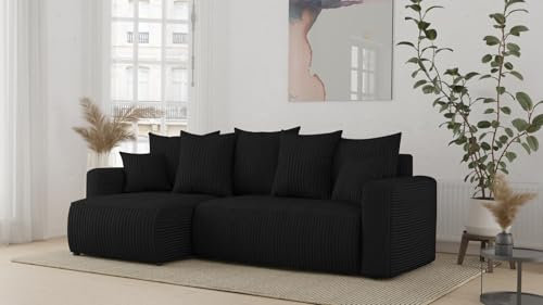 ecksofa mit schlaffunktion und bettkasten DENVER l-form sofa couch mit bettkasten, 3-Sitzer eckcouch, schlafsofa für wohnzimmer, sofa couch mit schlaffunktion (Schwarz, Ottomane Links)