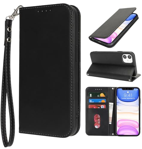 HALLKER Handyhülle für iPhone 11 Hülle, Klapphülle PU Leder Schutzhülle Klappbar Kartenfach Magnetverschluss Lederhülle für iPhone 11 - schwarz