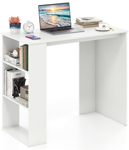 COSTWAY Compact Computer Desk, 90cm Small Wooden Study Writing Workstation with Bookshelf, Modern Simple PC Laptop Table Working Desk for Home Office Bedroom (White)