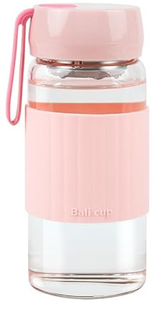DEDEYA 13oz small glass water bottle with silicone sleeve(Light Pink) | leak-proof Lid Lightweight and portable for walking travel sport