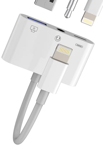 Adaptador Lightning a USB 3.5mm Auriculares para iPhone 14 13 Cargador Cable Adapter para Apple para iPad Audio Jack OTG Conector Digital Camara Fotos Teclado Drive Accesorios USB-A Card Reader