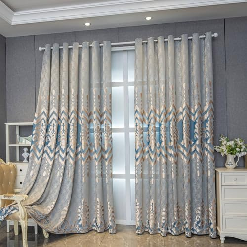 Lirzxin Verdunkelte Vorhänge mit Ösen 138 cm Lang, Blickdichte Gardinen Beige Gelb Blau Hohl Jacquard Blumenmuster Vorhang für Schlafzimmer Wohnzimmer Kinderzimmer 132x138 cm(B×H), 2er Set
