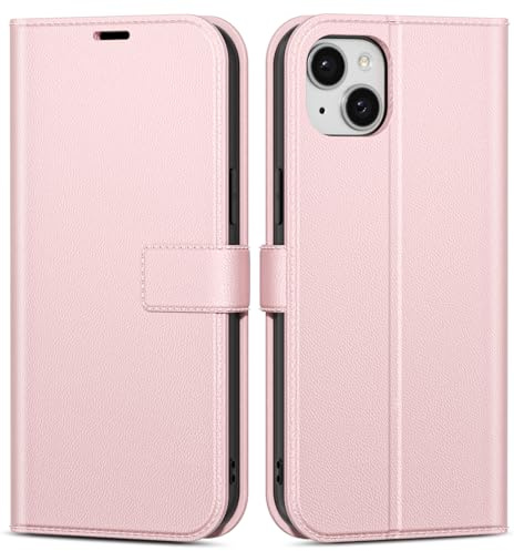 oakxco for iPhone 14 iPhone 13 Wallet Case with Credit Card Holder, Magnetic RFID Slim Folio Book Flip Leather Phone Case for Women Men Girl, Cute Soft Silicone Rubber Shockproof Cover, Light Pink