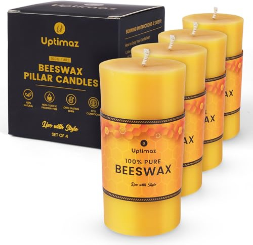 Uptimaz Beeswax Pillar Candles Set of 4, 2x4 Inch, 100% Beeswax Candle with Cotton Wick, Long Burning, Dripless Candle Bees Wax for Home, Décor, Prayer, Emergency