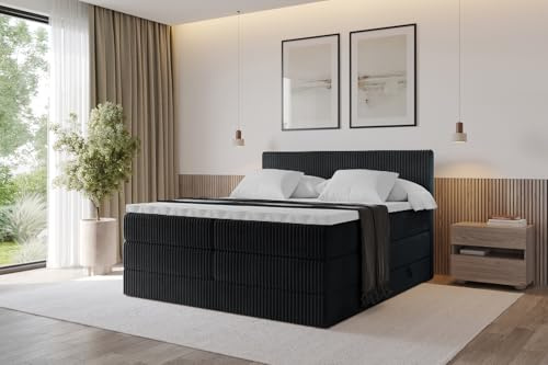ALTDECOR Boxspringbett mit Matratze und Lattenrost, Topper, Polsterbett mit Bettkasten, Bett mit Stauraum H3- und H4- Matratze, Doppelbett, Springboxbett - TOLO King 120x200 Cord - Schwarz