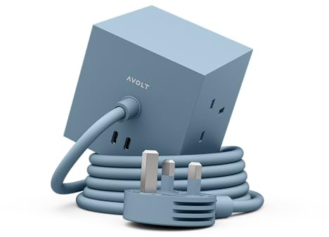Avolt Square 1 Power Strip Extension Cube, 1.8m, 3 UK Sockets, 2 USB-C | Shark Blue – magnetic power cube, USB-C 30W charging; ideal for studios and modern workspaces