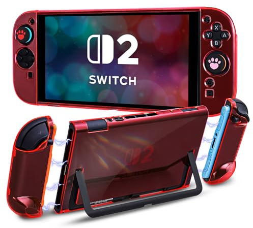 DLseego Schutzhülle für Switch 2,Dockable Kristall Transparent Hard PC Hülle Kratzfest Stoßfest Split Design Slim Hülle mit 2 Handgriff Cover und 4PCS Joystick Kappen,Rot