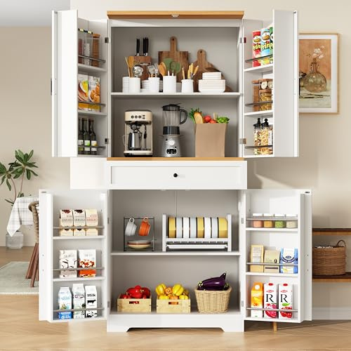 A ALFRESCOOL Buffetschrank, Hochschrank, Küchenschrank, mit 12 Türfächern & Schubladen, Snack-Aufbewahrungsschrank aus MDF & Spanplatte, für Küchen Esszimmer, Wohnzimmer, 80x40x180cm (Weiß)