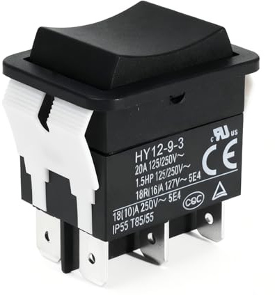 Interrupteur à Bascule HY12-9-3 6 Broches 125/250 V 20 A/1.5 CV pour Outils Électriques Industriels et Équipements, Étanche IP55, Contrôle Flexible de Circuit, Remplacement Pratique