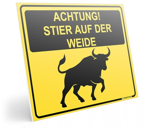 PRINTIMA Warnschild „Achtung! Stier auf der Weide” 40x30cm aus PVC inkl. Montagematerial – wetterfestes Hinweisschild für Wiesen, Weiden & landwirtschaftliche Flächen