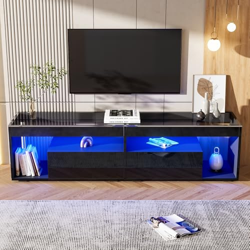 BTM High Gloss TV Stand with 2 Drawers,glass tabletop,TV Cabinet Storage Sideboard with LED lights for livingroom bedroom,TV Entertainment Center, 180cm, Black, Holds TVs up to 80