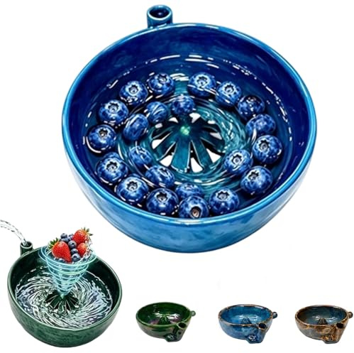 ELMVAR Berry Bowl Pottery, Berry Bowl Washer, Ceramic Colander with Saucer, Ceramic Fruit Washer for Cleaning Berries, Vegetables (Blue)
