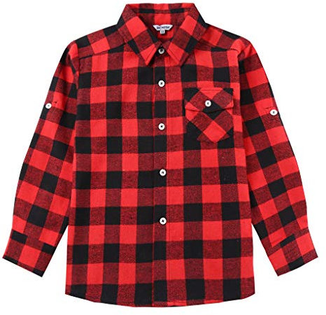 Bienzoe Garçon Flanelle Coton Manche Longue Plaid Chemise Noir Rouge 5/6