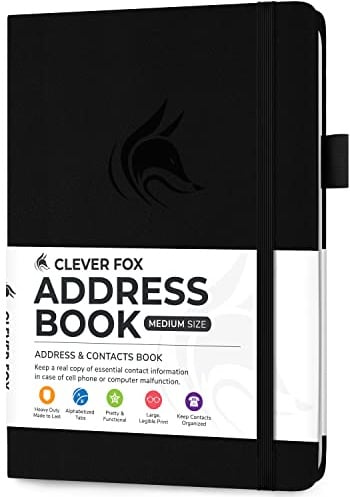 Clever Fox Adressbuch mit alphabetischen Registerkarten – Telefon- und Adressbuch aus PU-Leder zur sicheren Aufbewahrung von Kontakten, Kontakt-Organizer, Tagebuch, mittlere Größe (13,5 x 19 cm),