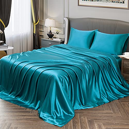 Vonty Satin-Bettlaken für Queen-Size-Bett, seidig weiches Satin, Blaugrün, 1 Spannbetttuch mit tiefer Tasche, 1 Bettlaken + 2 Kissenbezüge