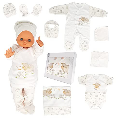 Neugeborenen Baby Geschenk Set 100% natürliche Baumwolle Erstausstattung Erstlingsausstattung Ausstattung Unisex Kleidung Geschenkset für Babys 0-4 Monate 10 teilig (Lamm-10)