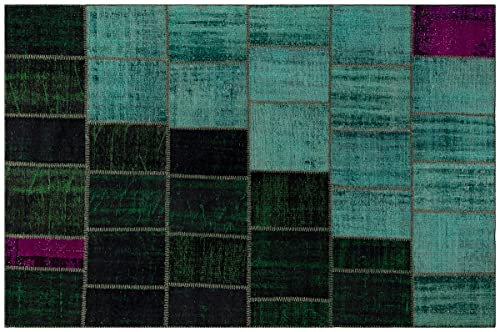 ALLMODE Türkischer Patchwork-Teppich aus Wolle, handgefertigt, P_136, 197 x 298 cm, 5,87 m², Grün