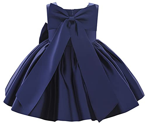 Flower Girls Wedding Dress Kids Pageant Bridesmaid Dress Baby Silky Satin Bowknot Toddler Girl Pirncess Birthday Party Christening Baptism Dresses Formal Prom Gown Navy Blue - Bow 18-24 Months