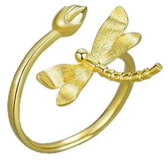 YUANYIRAN Ring Für Frauen Einstellbar - S925 Ungewöhnliche Libelle Lotus Knospe Offene Bandringe, Handgemachtes Statement Schmuck Geschenk Weihnachtstrend Einzigartige Schmuckgeschenke, Gold
