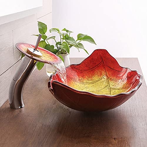 XYEJL Tempered Glass Wash Basin, Bathroom Sinks, Bathroom Room Countertop, Art Basin Red Yellow Gradient Basin + Faucetandaccessories, for Bathroom Toilet Cloakroom,B