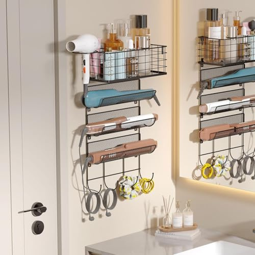 Wall-Mounted Hair Dryer Holder Styling Tool Organizer 4-Shelf Storage Wire Basket with Hook Heat Safe Rack for Hair Straighteners,Curling Wands,Flat Iron,Perfume,Cabinet Door Bathroom Kitchen