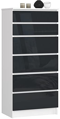 AKORD Kommode K60 mit 6 Schubladen | für das Wohnzimmer Schlafzimmer Schrank Büro Arbeitszimmer | Modernes Funktionales Design | B60 x H130 x T40 cm, Gewicht 43kg | Weiß/Graphit Glänzend