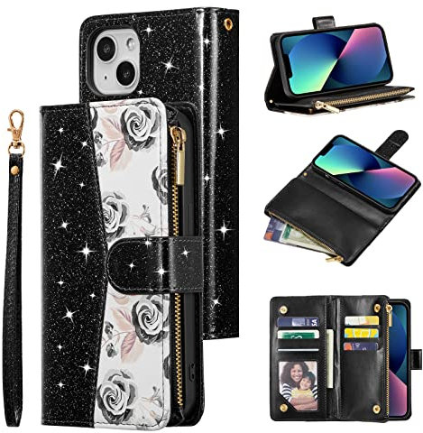 UEEBAI Wallet Case for iPhone 13 6.1, Glitter PU Leather Magnetic Handbag Zipper Pocket Case Kickstand Card Slots with Wrist Strap TPU Shockproof Flip Cover - Bling Black
