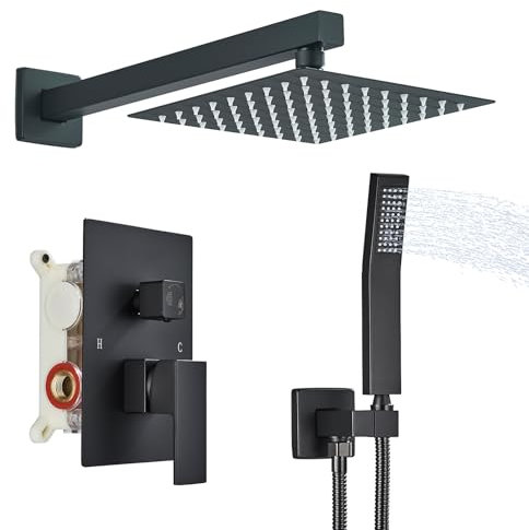 Ackwave Robinet de douche noir mat, Robinetterie de douche, Systeme de douche à effet pluie de 20,3 cm et pulvérisateur à main pour salle de bain, Ensemble complet à fixation murale