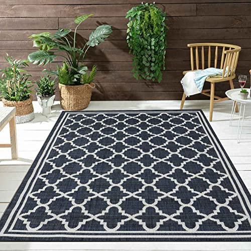VIMODA Teppich In- und Outdoor Flachgewebe Terrasse Balkon Wetterfest Wintergarten Robust Marokkanisch geprägtes Design, Farbe:Blue, Maße:120x160 cm
