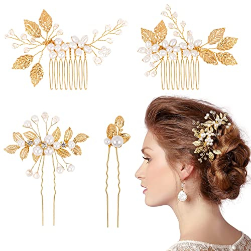 Kiiwah 4 Stück Haarschmuck Hochzeit Perle Blume Braut Haarkamm Strass Brautschmuck Braut Haarnadeln für Kommunion MäDchen Braut Brautjungfer(Gold)