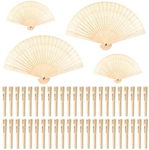 FEPITO 50 Pieces Wooden Handheld Paper Fan Wooden Folding Fans with Bamboos for Wedding Gift, Party, Home