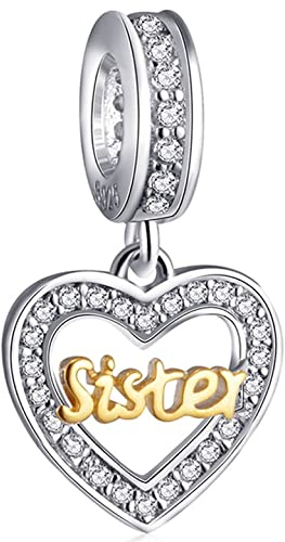 Schwester Liebe Herz Charms passen Pandora Damen Armband, 925 Sterling Silber 18K Gold Sister Anhänger Perlen mit klarer CZ, Big/Lil Sis Geschenk für Tochter/Enkelin