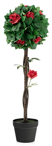 COSTWAY Plante Artificielle 92CM en Pot Rempli de Ciment Stable, Fausse Camélia 12 Têtes Rouges Glorieuses 180 Feuilles pour Décoration de Salon Balcon Chambre Bureau