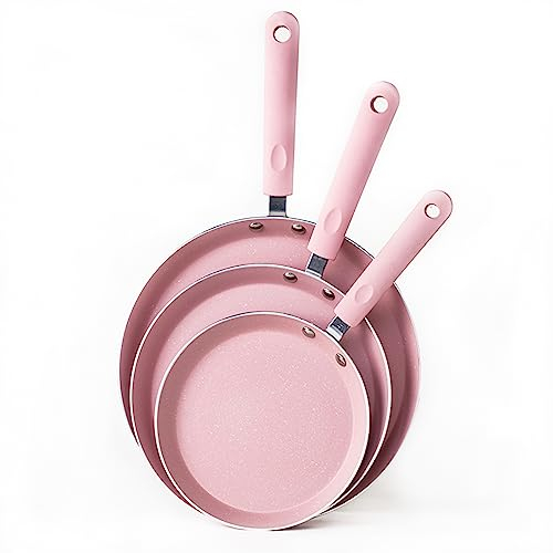 JUSTUP Nonstick Frying Pan Set,3 Piece Pots and Pans Set Nonstick,Pink Kitchen Cookware Sets with Non Stick Pan Coating,10 Inch,8 Inch and 6 Inch Non Stick Cooking Set Suitable for All Stoves (Pink)
