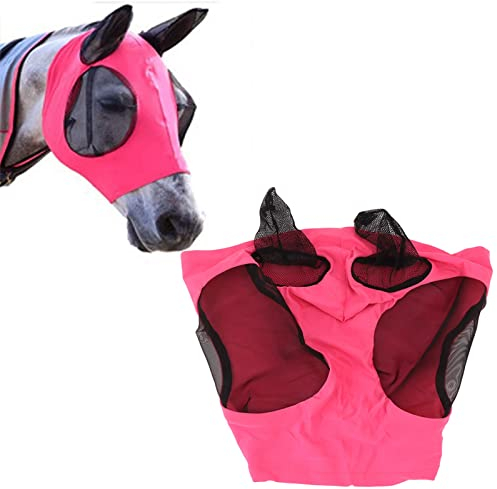Pssopp Masque Anti-Mouches en Maille de Cheval Masque de Cheval élastique Respirant avec Protection des Oreilles Équipement équestre D'équitation (Rose Rouge)