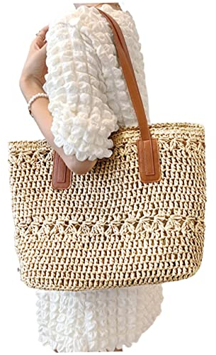 Sac de Plage en Paille pour Femmes - Grande Capacité, Fourre-Tout Tissé pour Vacances d'Été - Beige