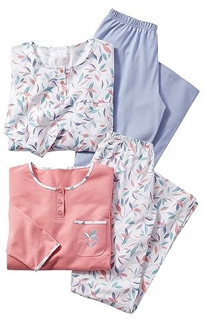 Damart - Lot de 2 Pyjamas Maille Jersey Pur Coton peigné Femme Rose Imprimé Taille 42-44 (M)
