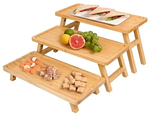 GEHE Natural Bamboo Cupcake Stand, Foldable 3 Tier Cupcake Display Stand Tower, Dessert Table Serving Tray for Birthday/Wedding/Christmas/Party, Charcuterie Boards