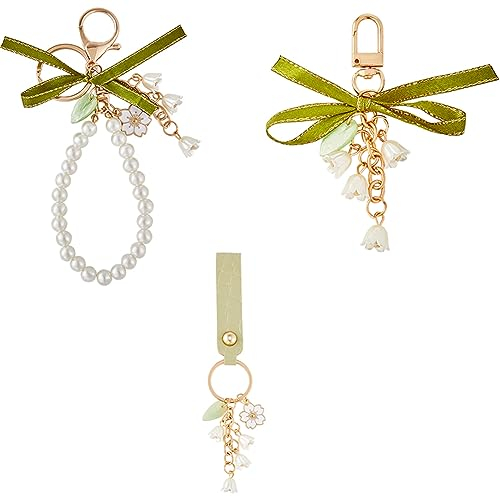 craspire 3 Stück Emaille-Sakura-Schlüsselanhänger, Anhänger, Leder, Perlen, Perlen, Armband, Schlüsselband, Maiglöckchen-Quaste, Schlüsselanhänger, Legierung, Hellgold, Auto-Schlüsselanhänger