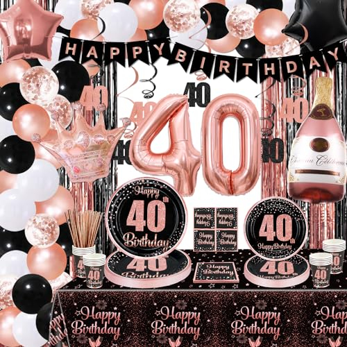 40th Birthday Decorations - Black and Rose Gold Party Decorations, Balloons, Banner, Plates, Napkins, Cups, Tablecloth, 40th Birthday Party Supplies for Women, Serve 20