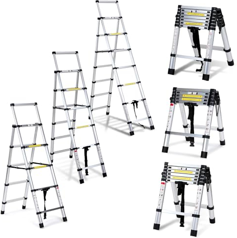 SWANEW 1.7M+2M Teleskopleiter, Alu Ausziehbare Leiter, Klappleiter Stehleiter Rutschfester Mehrzweckleiter, Haushaltsleiter 150 kg Belastbarkeit