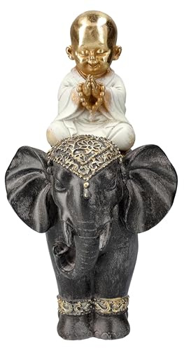Betender Mönch auf Elefant, Buddha-Figur, Gold-Weiß, Kunststein, 26,5 cm - Statue Deko Buddhismus