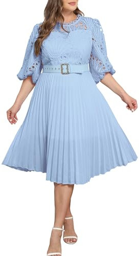 IWFEV Kleid in Übergröße, Puffärmel, Spitze, plissiert, kurzärmelig, Übergröße, Midi-Kleid, hohles Party-Abendkleid, Blau, XX-Large Mehr