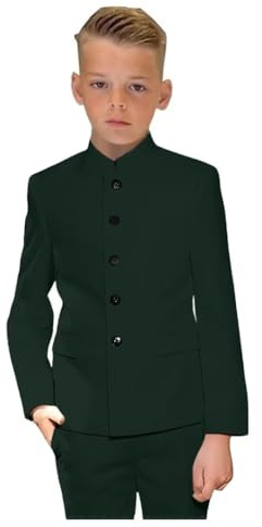 SAROULU Chinese Tang Boys Suit, Traditional Kung Fu Suit for Boys, Slim Fit 2 Piece Formal Jacket Pants Outfit Dark Green