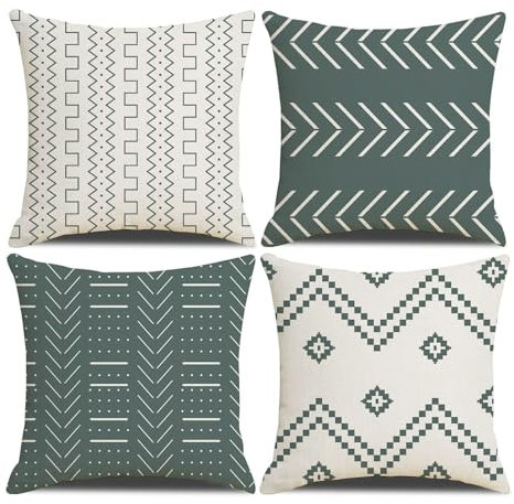 Farmhouse Fundas de Cojines 45 x 45 cm, Juego de 4 Fundas de Cojín Cuadradas de Patchwork con Textura Negra para Sofá, Silla, Dormitorio, Decoración Moderna, Hogar, Oficina