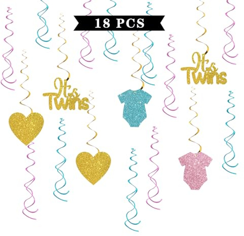 Maicaiffe It's Twins Hängedekoration – Glitzer, 18 Stück, für Babypartys, Partyzubehör – Luftschlangen zum ersten Geburtstag – We are One Babies Geburtstagsparty, Folienwirbel, Deckendekorationen