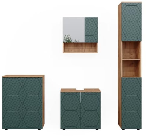 Vicco Badmöbel-Set Irma, Grün/Goldkraft Eiche, 80 cm | besteht aus Waschbeckenunterschrank, Spiegelschrank, Hochschrank und Midischrank