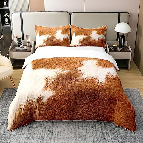 Loussiesd Rindsleder 100% Baumwolle Bettwäsche Set 135x200cm Kuhfell Bettwäsche-Set Home Decor Tier Skin Farmhouse Western Farm Weiß Gelb Bettbezug Set