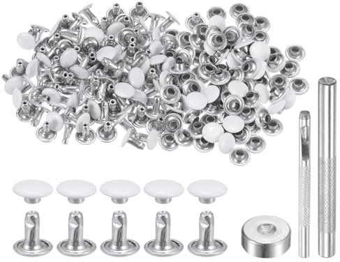 QUARKZMAN 100 Ensembles de Rivets en Cuir 8mm x 8mm en Métal avec Double Capuchon, Attaches Pression et 3 Outils de Pose pour la Réparation de Projets de Maroquinerie, Couleur Blanche