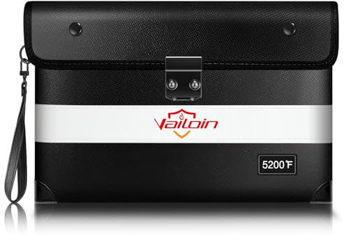 Vailoin 5200℉ Feuerfeste Tasche mit Schloss,(28x19cm) Dokumententasche Feuerfest Wasserdicht,Geldtaschen Banktasche,Dokumentenkoffer Aktentasche für A5 Dokumente,Passport(Schwarz)